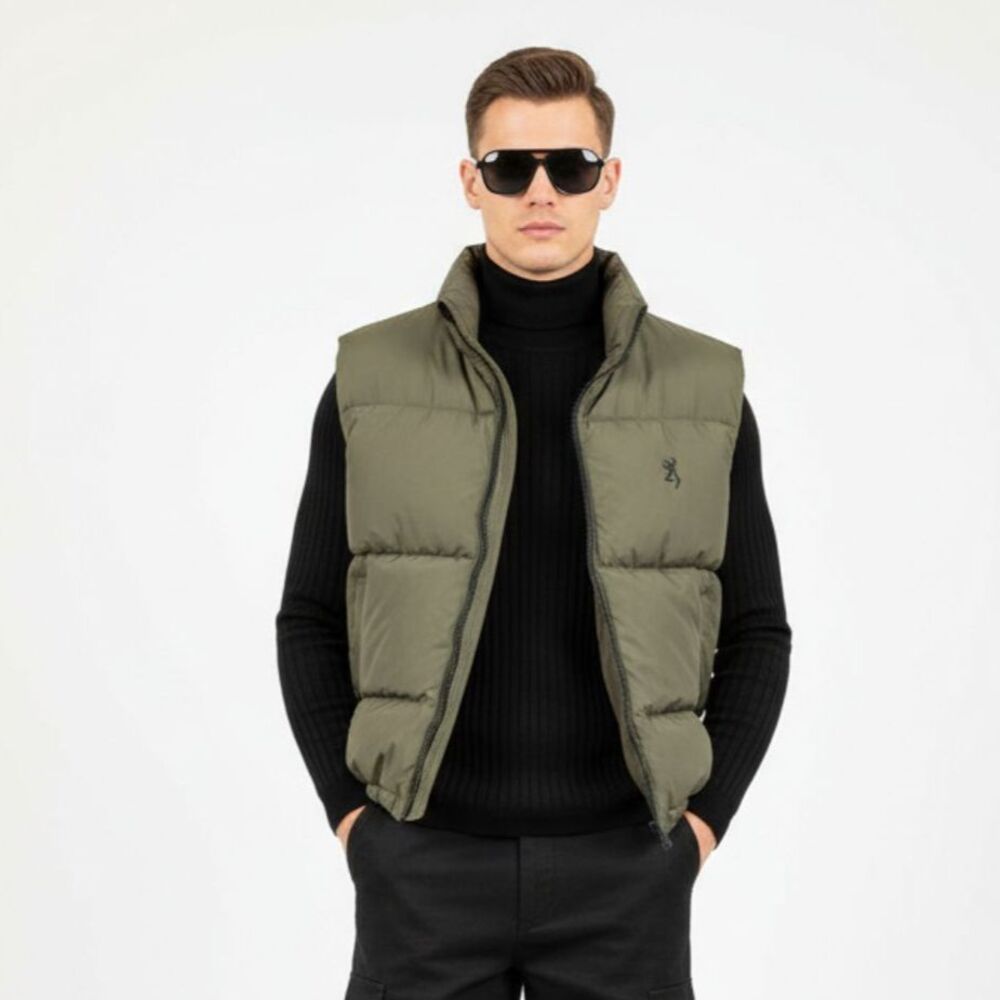 Browning Men's Army Green Down Filled Sleeveless Quilted Zip Front Vest M